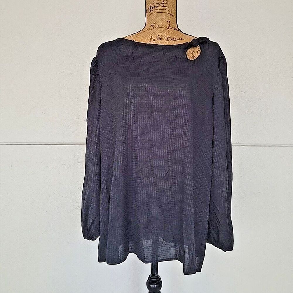 Vintage 70s Black Sheer Poly Long Sleeve Shirt Blouse Asymmetrical Bow Neck, L